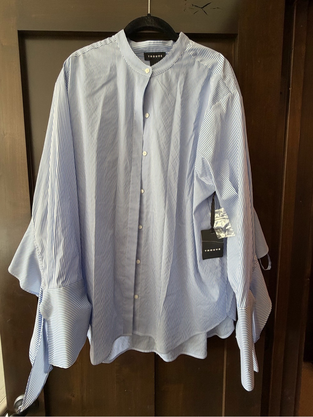 Trouvé NWT Blue White Striped Band Collar Blouse Ruffle Tie Sleeve Large